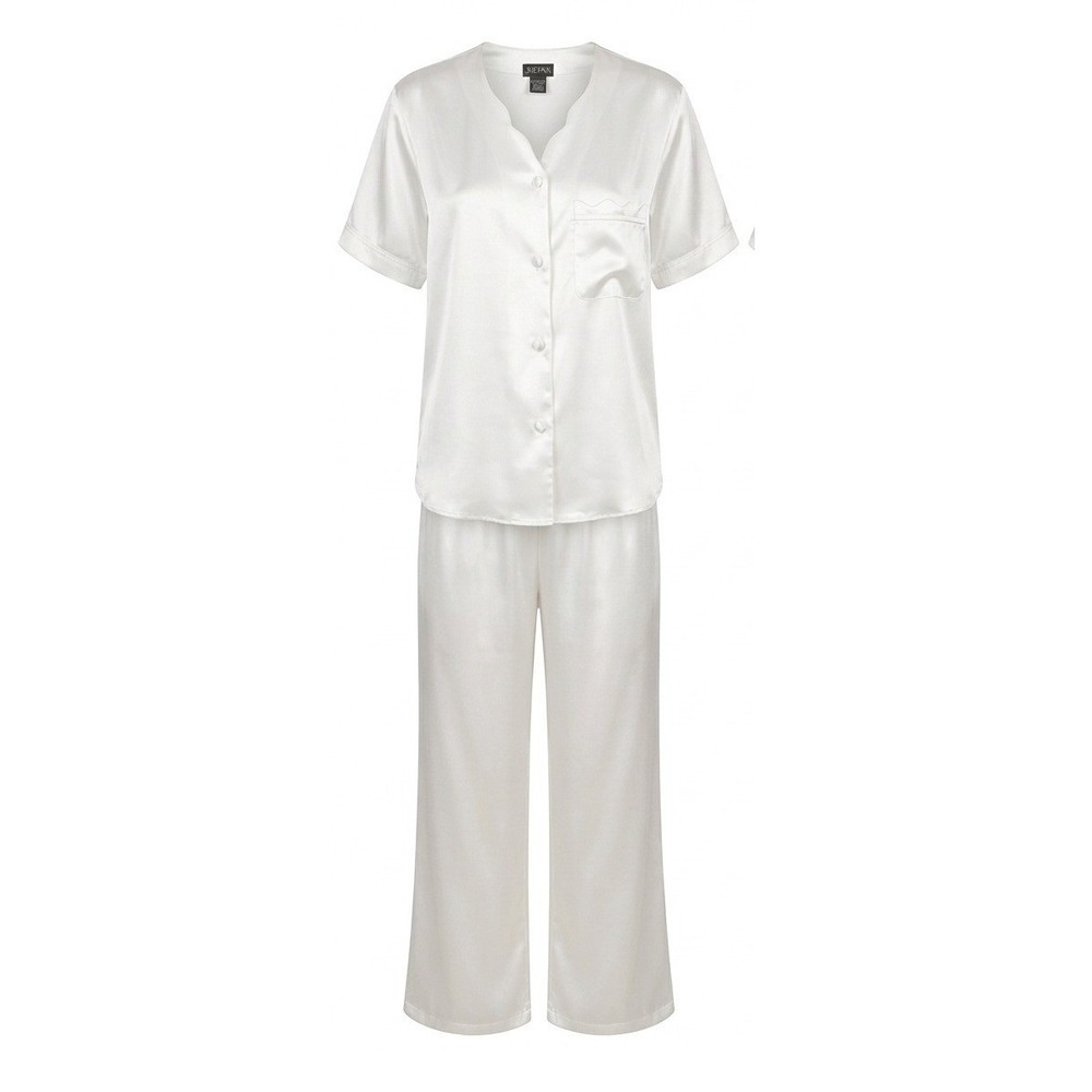 Jolynn Vintage Ivory Satin 2-Piece Pajama Set Short Sleeve Button Up Pants M NWT